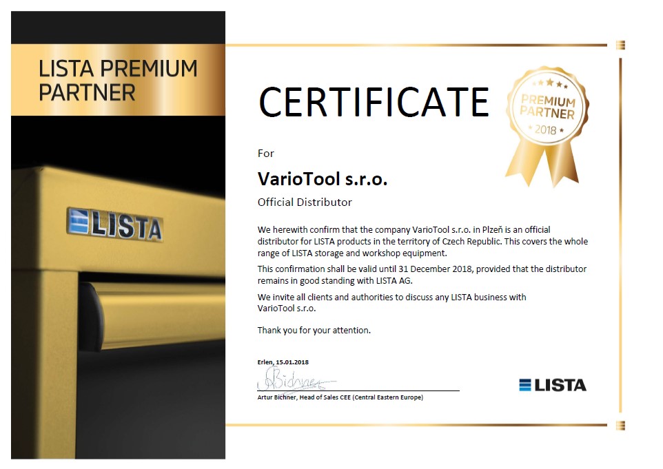 Certifikát VarioTool s.r.o. oficiální distributor Lista